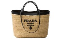 PRADA Raffia Handbag Medium Size Women's Tan & Black