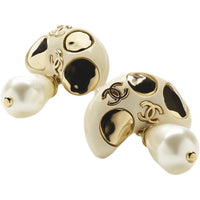 CHANEL Metal Resin Glass Pearl Earrings Women's White