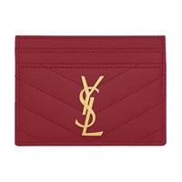 SAINT LAURENT Monogram Quilting Leather Card Clip Card Holder Women's Deep Red