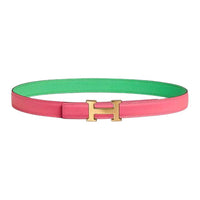 HERMES Calfskin Leather Belts Women's Rose Azalea/Green Comics Width 2.4CM
