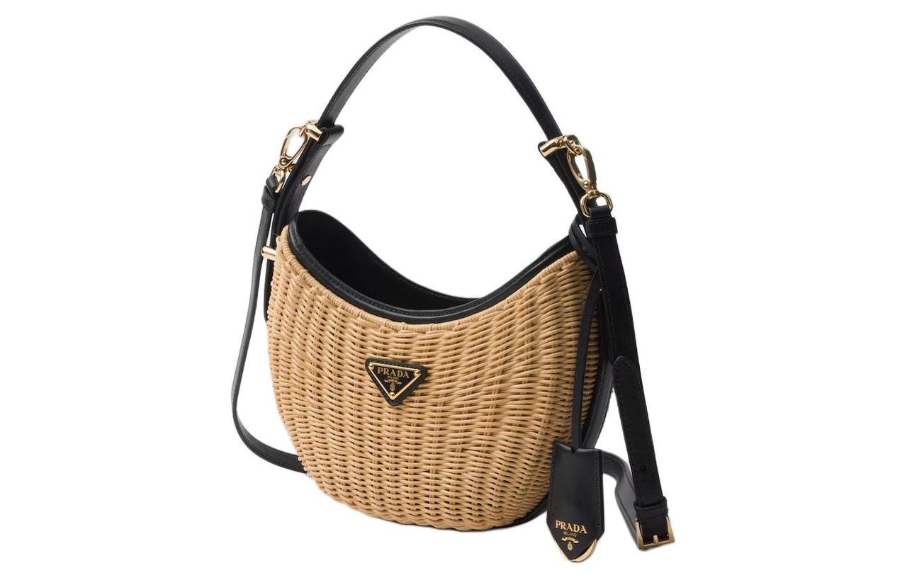PRADA Arque Wicker With Leather Handbag Women's Tan & Black