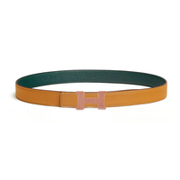 HERMES Calfskin Gold-Plated Leather Belts Women's Brown/Green Width 2.4CM