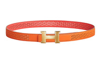 HERMES Cut-Out Gold Buckle Cow Leather Belt Women's Orange Width: 2.4cm