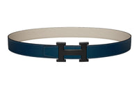 HERMES H-Line Black Buckle Togo Calfskin Double-Sided Leather Belt Women's Blue Width: 3.2cm