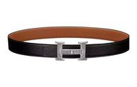 HERMES Letter Etched Silver Buckle Togo Calfskin Double-Sided Leather Belt Women's Black Width: 3.2cm