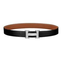 HERMES Palladium-Plated Calfskin Leather Belts Men's Black 3.2CM