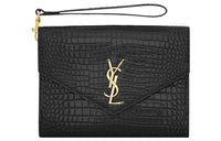SAINT LAURENT CASSANDRE Crocodile Pattern Shiny Cow Leather Envelope Bag, Clutch Regular Women's Black