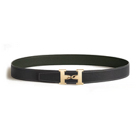 HERMES Calfskin Brass Leather Belts Women's Black/Green Width: 3.2CM