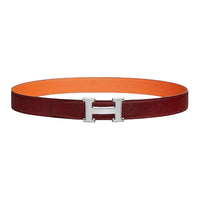 HERMES Calfskin Leather Belts Men's Dark Red/Orange Width 3.2CM