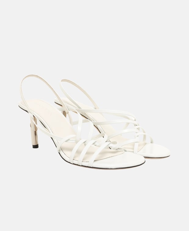 Lanvin Leather Sequence Strappy 75mm Sandal in Beige with Silver Stud