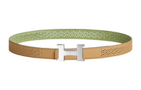 HERMES Cut-Out Design Silver Buckle Epsom Calfskin Double-Sided Leather Belt Women's Khaki Width: 2.4cm
