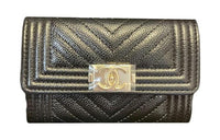 CHANEL LEBOY Embossed Calfskin With Grains Card Holder Wallet Regular Women's Black