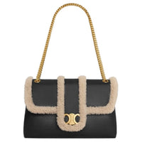 CELINE Lambskin Handbag, Shoulder Bag Large Size Women's Black & Milk White