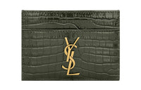 SAINT LAURENT CASSANDRE Crocodile Pattern Cow Leather Wallets Card Holders Women's Branch Green