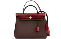 HERMES Herbag Cowhide Patchwork Canvas Handbag Shoulder Bag Crossbody Bag Chocolate With Hermès Red Accents