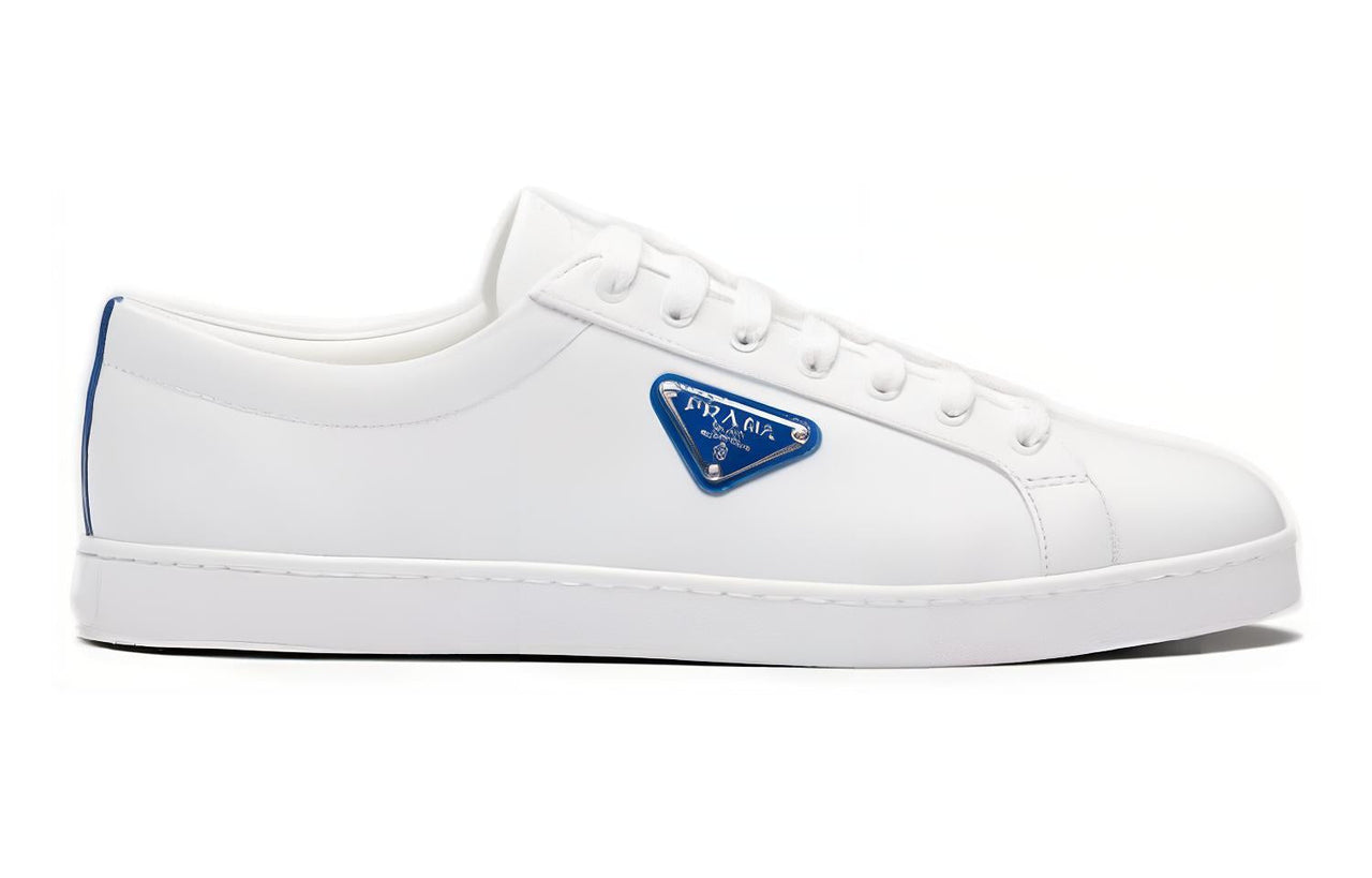 PRADA Brushed Sneakers Leather White White Cobalt Blue