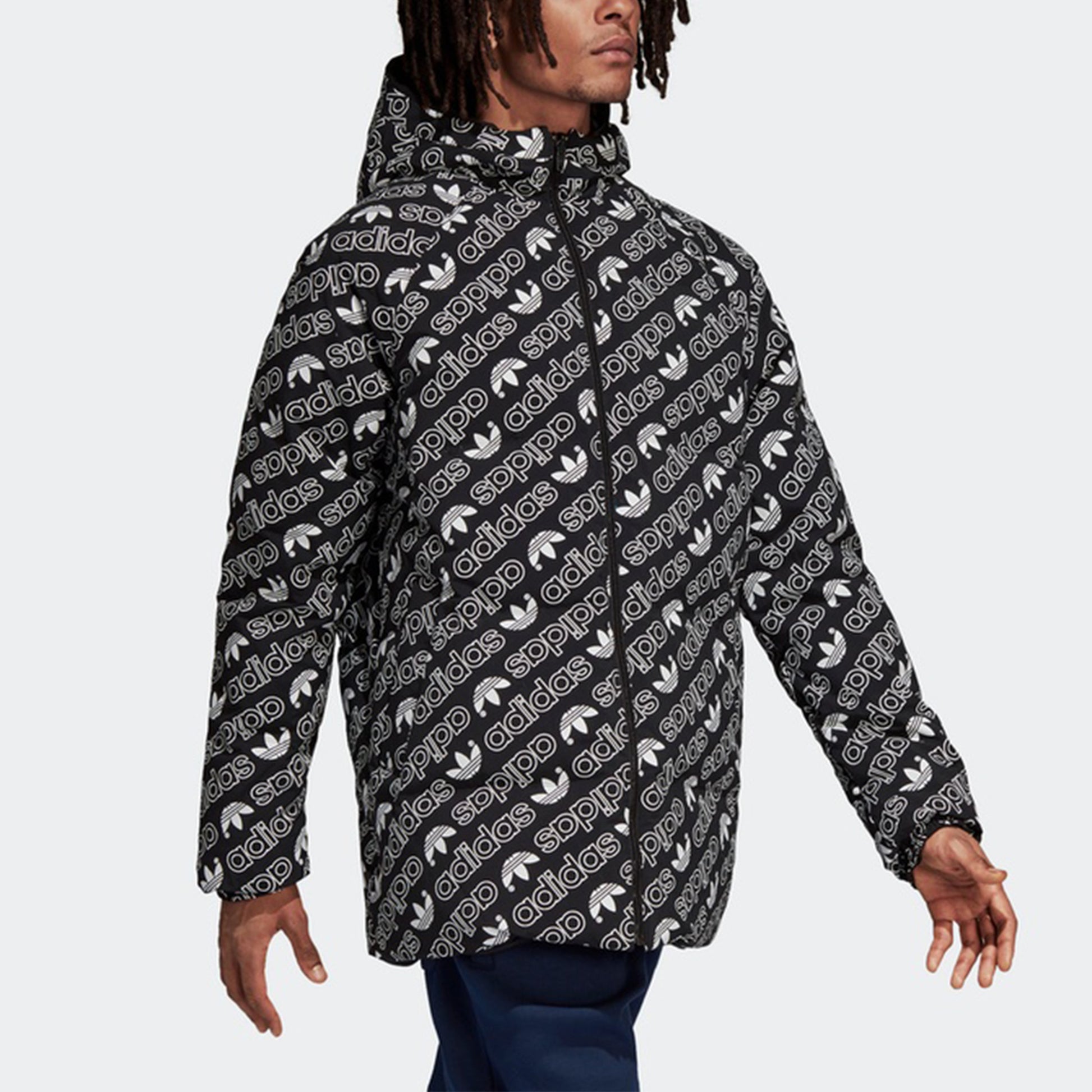 adidas originals Monogram JKT Full Print logo Reversible Stay Warm hooded down Jacket Black White DP8561