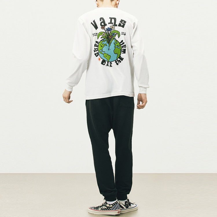 Men's Vans Earth Pattern Printing Round Neck Long Sleeves White T-Shirt VN0A5E870VW