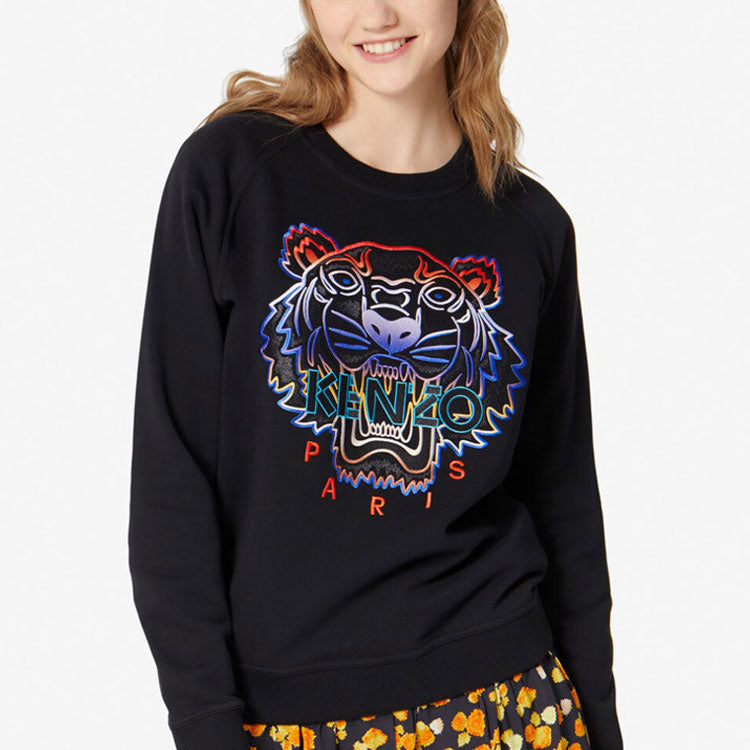 (WMNS) KENZO Multi-Color Embroidered Tiger Head Round Neck raglan sleeve Hoodie Black F962SW8074XE-99