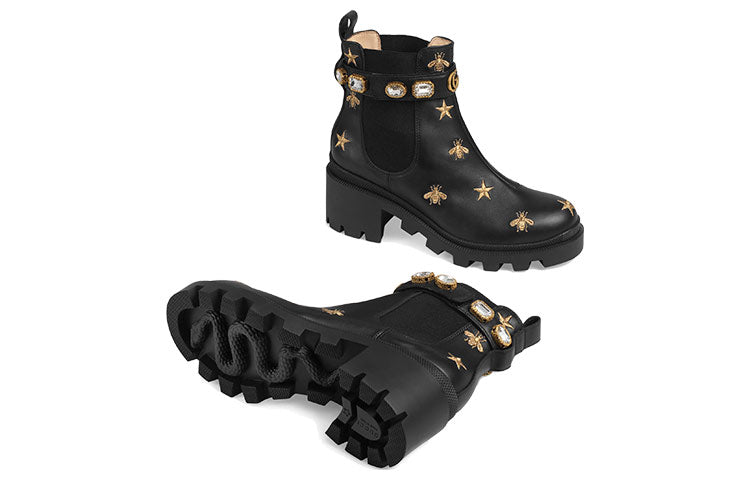 (WMNS) Gucci Stars and Bee Embroidered Leather Ankle Boot With Belt 'Black' 557735-AYO10-1000