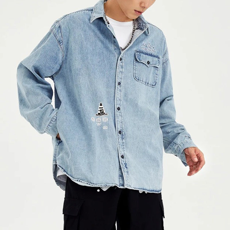 Li-Ning Skateboard Series Logo Embroidered Loose Washed Denim Shirt 'Light Blue' ASHS011-1