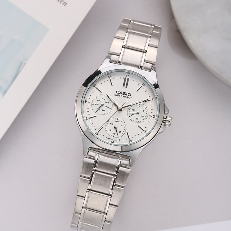 CASIO DRESS Series Business Waterproofes Couple Quartz Stainless Steel Strap Silver Analog MTP-V300D-7A&LTP-V300D-7A
