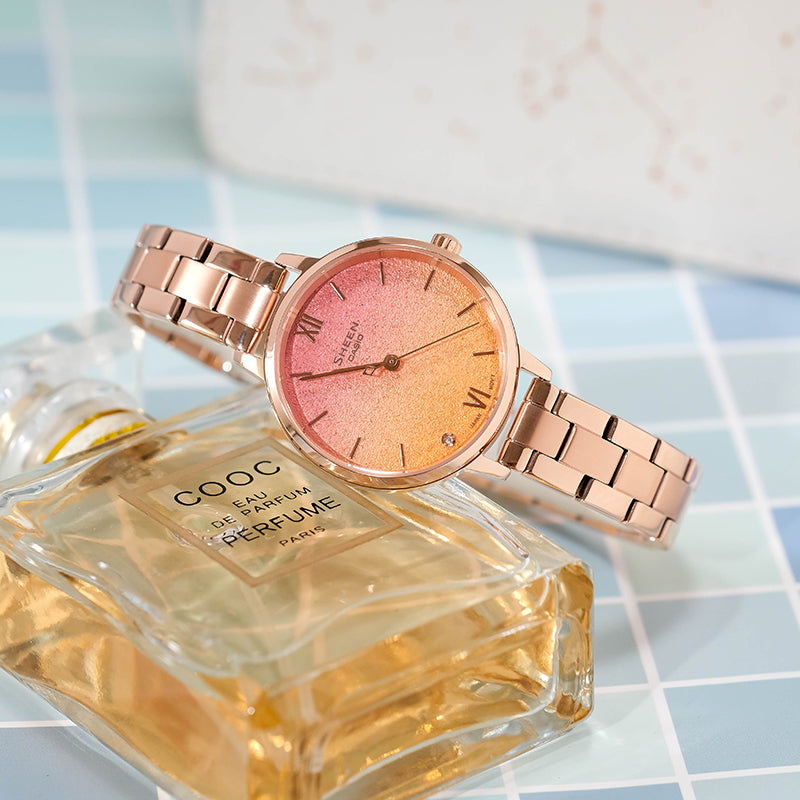 CASIO SHEEN Universe Starry Sky Subject Stylish Simplicity Thin And Light Watch Gradient Peach Gold Analog SHE-4548PG-4AUPR