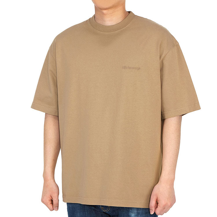 Men's Balenciaga SS21 Loose Round Neck Alphabet Embroidered Logo Short Sleeve Khaki 612966TJV879504