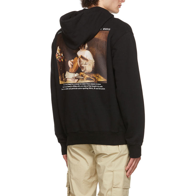 Men's Off-White Caravaggio Painting Character Alphabet Cotton Hooded Long Sleeves Pullover Black OMBB097S22FLE0011001