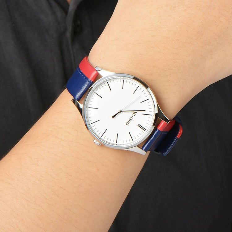 Men's CASIO Dress Series Leather Strap White Dial Pointer Display Quartz Watch Blue Red Analog Mens MTP-E133L-2EEF