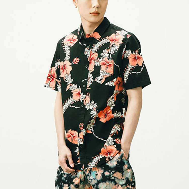 Vans Unisex Flowers Printing Short Sleeve Shirt Black Blue VN0A5E6HZCS