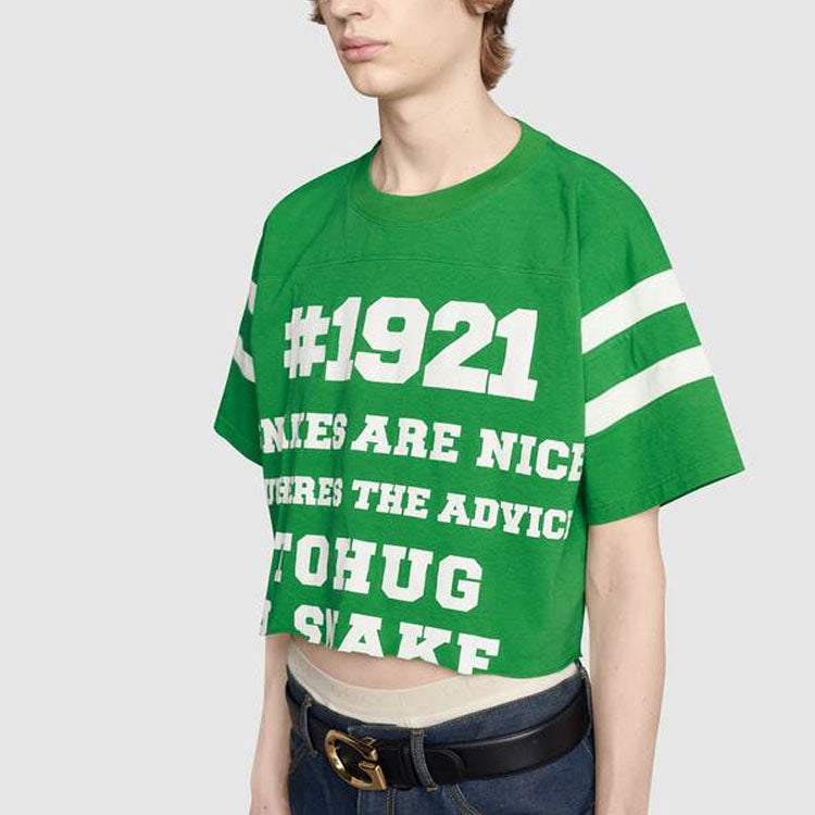 Men's Gucci SS21 1921 Series Alphabet Numeric Printing Short Sleeve Green T-Shirt 659757-XJDHH-3521