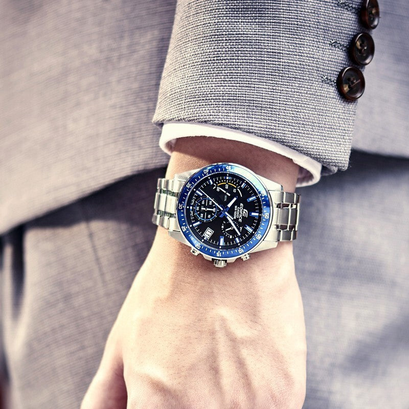 CASIO Business Style Waterproof Steel Belt Quartz Men Silver/ EDIFICE Stainless Steel Strap Mens Blue Analog EFV-540D-1A2
