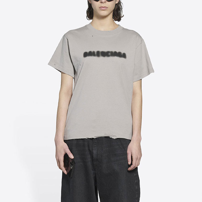 Balenciaga Solid Color Alphabet Printing Hole Round Neck Short Sleeve Unisex Gray 661715TKVD58174