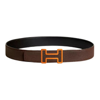 HERMES Stainless Steel Leather Belts Unisex Black/Chocolate Width: 3.8cm