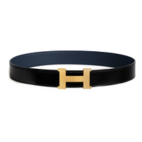 HERMES Calfskin Sterling Silver Leather Belts Women's Black/Blue Width: 3.8CM