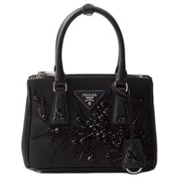 PRADA Embroidered Leather Shoulder Bag Crossbody Bag Handbag Mini Women's Black