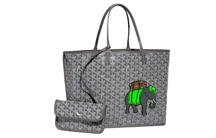GOYARD Anjou Calfskin With Canvas Tote Bag Shopping Bag Handbag Small Size Women's Gray/Green