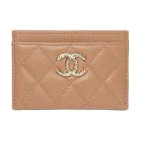 CHANEL Shiny Calfskin Card Holder Women's Camel