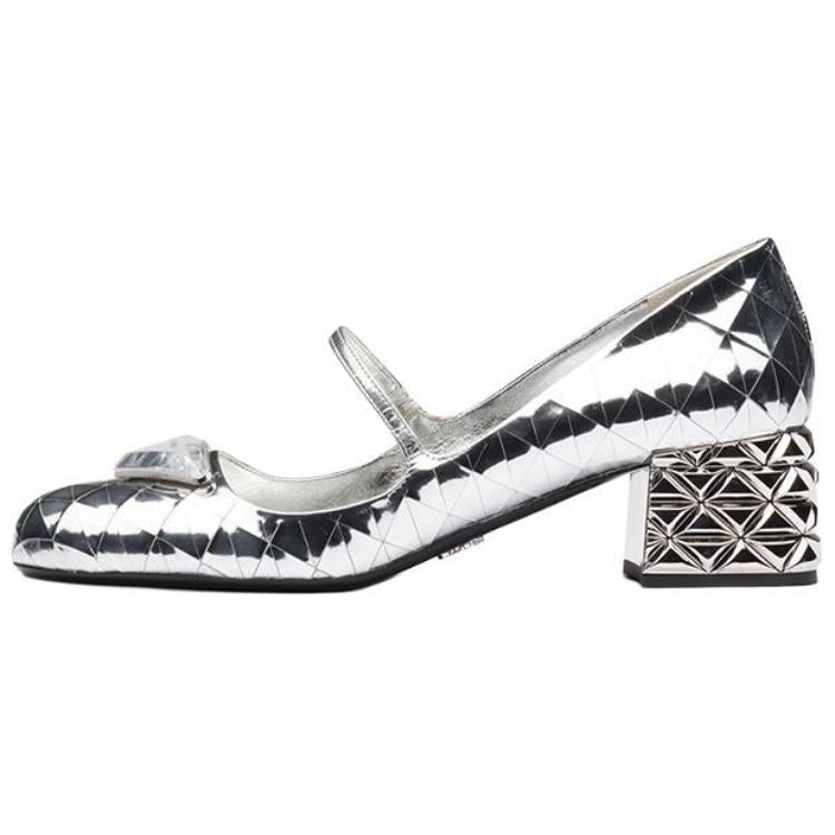 PRADA Block Heel Mary Jane Shoes Women's Silver