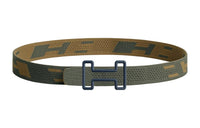 HERMES Elegance Sports Tonight Color Blue Buckle Double-Sided Nylon Mesh Strap Leather Belts Men's Green Width: 3.2cm