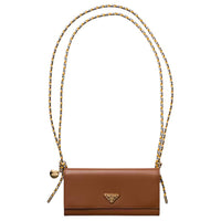 PRADA Cow Leather Wallet Shoulder Bag Women's Brown