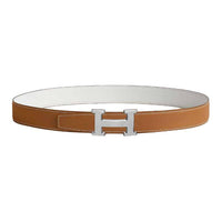 HERMES Palladium-Plated Leather Belts Unisex White/Brown Width: 3.2cm
