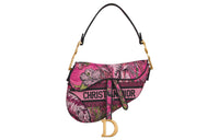 DIOR Saddle Embroidery Saddle Bags One Shoulder Handbags Women's Fuchsia Multicolor