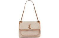 SAINT LAURENT Cotton Canvas With Leather Hobo Bag, Crossbody Bag, Shoulder Bag Medium Size Women's Ecru