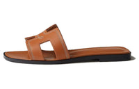 HERMES Oran Genuine Leather Sole Slide Slippers Women's Brown