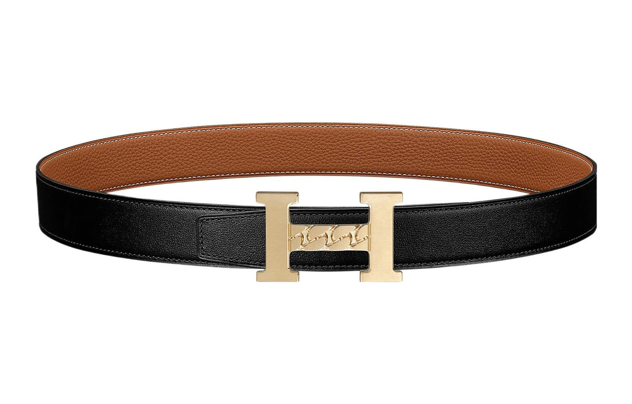 HERMES 5382 Gourmette Gold Buckle Epsom Calfskin Belt Unisex Black/Gold Width: 3.2cm