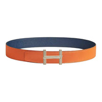 HERMES Calfskin Leather Belts Men's Orange/Navy Width: 3.8CM