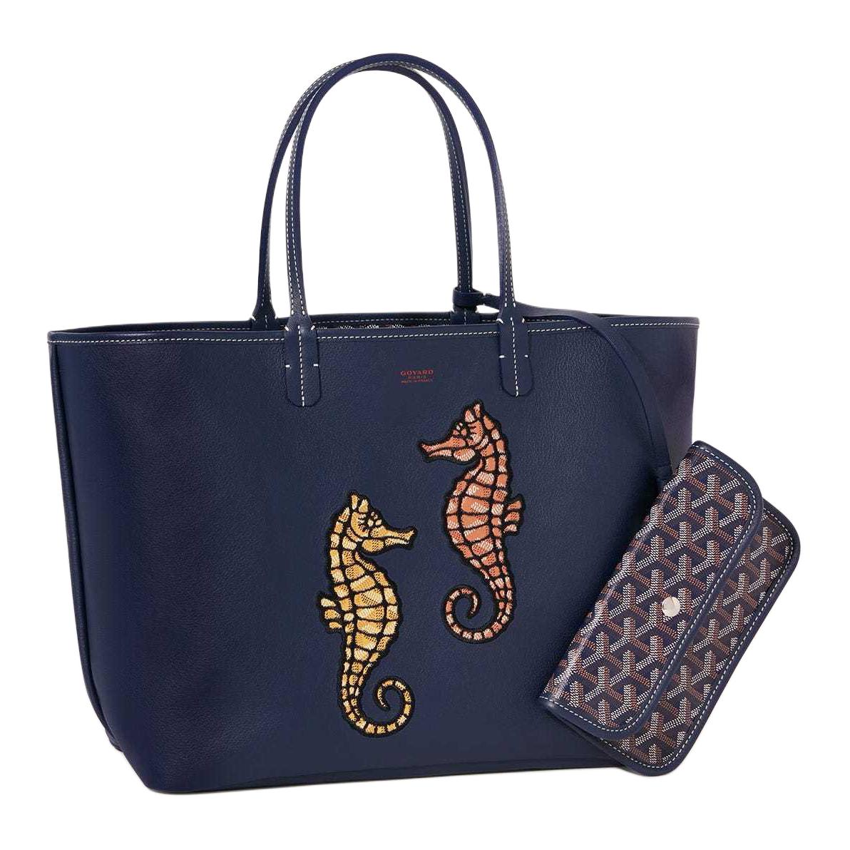 GOYARD Anjou Calfskin With Canvas Dog's Teeth Tote Bag Shopping Bag Shoulder Bag Handbag Small Size Women's Marine Blue