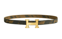 HERMES H Martelee Gold Buckle Double-Sided Nylon Mesh Belt Men's Brown Width 32mm